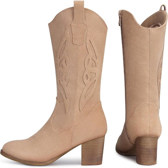 🆕Women 1828-apricot Suede leather Embroidered Country Heel Pointed Toe Booties - Picture 7 of 8